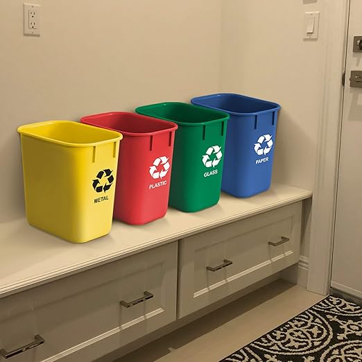 Acrimet Wastebasket Bin for Recycling 3.25 Gallon/13 Quart/12 Liter (Made of Plastic) (Metal/Yellow Paper/Blue Glass/Green Plastic/Red) (Set of 4)