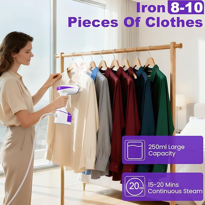 DBC Steamer for Clothes 1500W 20S Fast Heat-up Portable Handheld Steamer for Clothes 2 in 1 Fabric Wrinkle Remover with Fabric Brush 250ml Water Tank Ideal for Home Office Travel Purple