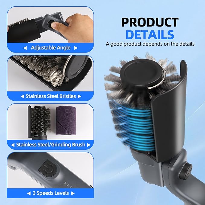 Upgraded Electric Grill Brush Cordless Rechargeable Grill Cleaning Brush with Adjustable Angle Stainless Steel Brush Head 3-Speed Power 90-Min Runtime Waterproof Cleaner for BBQ Grates (Gray)
