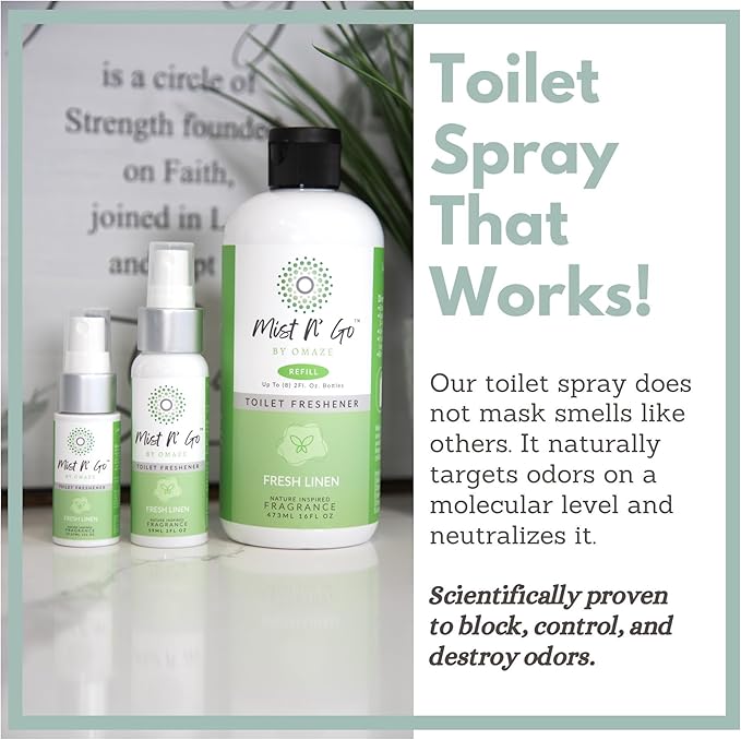 Mist N' Go by OMAZE Bathroom Odor Spray for Toilet Spray Refill Bottle - Multitasking Toilet Spray - Bathroom Spray Odor Eliminator for Strong Odors | Fresh Linen 16oz + 2oz