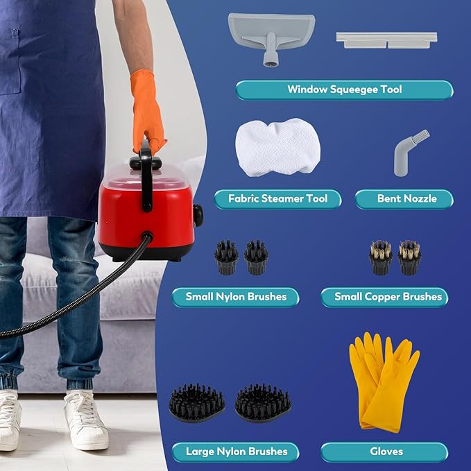 Moongiantgo Steam Cleaner Handheld Steamer for Cleaning Portable Pressurized Cleaning Machine for Car Detailing Grout Tile Upholstery Home Use Kitchen Bathroom with 1500ML Water Tank (Red-Black)