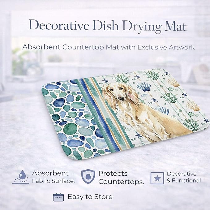 Caroline's Treasures Cream Saluki Coastal Sea Glass Dish Drying Mat Absorbent Dish Drying Mat Pad for Kitchen Counter Dish Drainer Mat for Countertop 14 x 21 Multicolor