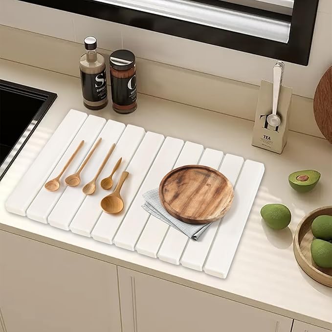 Foldable Stone Dish Drying Mat for Kitchen Counter24×16Fast Dry Pad Absorbent Countertop Mat Heat-resistant MatDiatomaceous Earth MatsWhite
