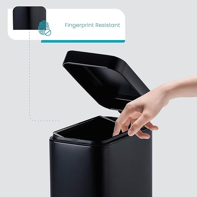 Home Zone Living 1.3 Gallon Small Bathroom Trash Can with Lid and Step Pedal Stainless Steel Wastebasket with Slim Design for Home and Office Matte Black 5 Liters