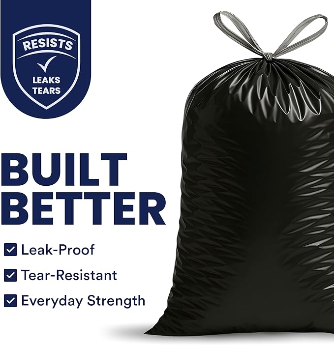 Plasticplace 13 gallon Extra Tall Drawstring Kitchen Trash Bags | Black 1.2 Mil 24W x 31H (200Count)