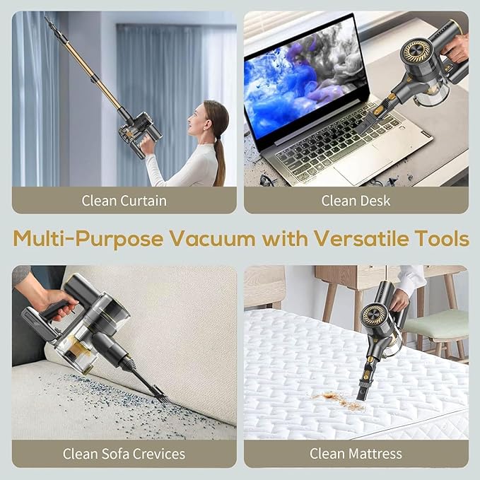 Cordless Vacuum CleanerVacuum Cleaner for Home with Brushless MotorLightweight Stick Vacuum with Self-Standing and Touch ScreenHardwood Floor Vacuum for Pet HairCarpetsTile(Gold)