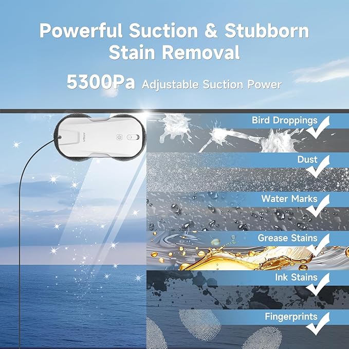 FMART T11 Window Cleaning Robot Auto 4-Way Water Spray 5300Pa Strong Suction High-Speed Cleaning &lt60dB Ultra-Quiet 60mm Slim Window Robot Smart Navigation Anti-Drop &amp 50min UPS Protectio