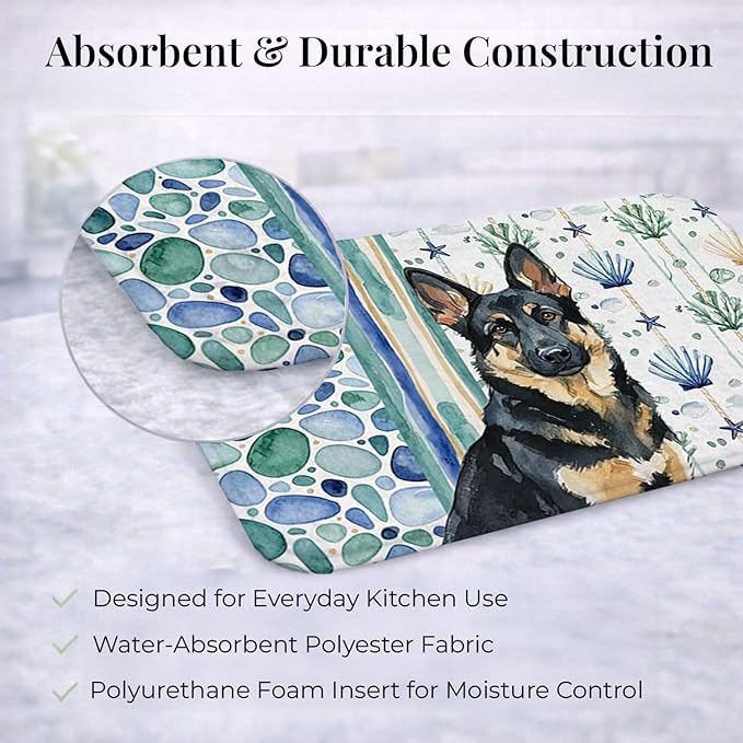 Caroline's Treasures Black and Tan German Shepherd Coastal Sea Glass Dish Drying Mat Absorbent Dish Drying Mat Pad for Kitchen Counter Dish Drainer Mat for Countertop 14 x 21 Multicolor