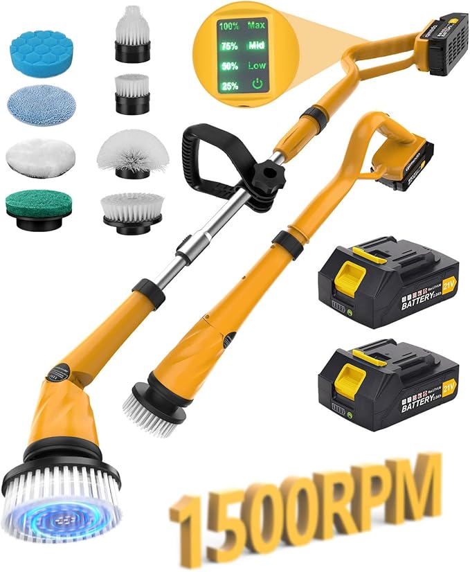 Qimedo 1500 RPM Electric Spin Scrubber with Two Batteries Q2 Pro Cordless Battery Powered Shower ScrubberElectric Tile Floor Scrubber with Display for Grout/Tile/Tub (Effortless Handle/8 Brushes)