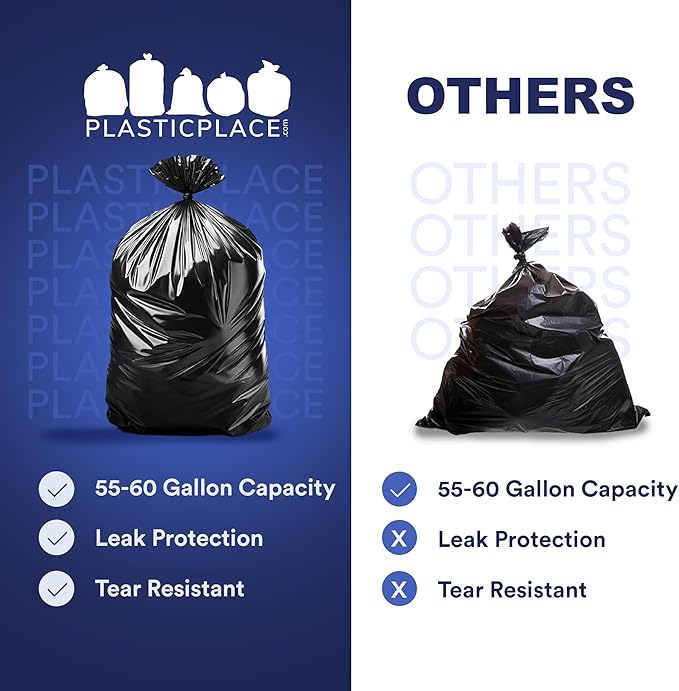 Plasticplace 55-60 Gallon Trash Bags Heavy Duty Black Garbage Bags 100 Count for Lawn Yard and Outdoor Waste Disposal Ideal for Industrial Trash Cans Contractors and Home Improvement Projects