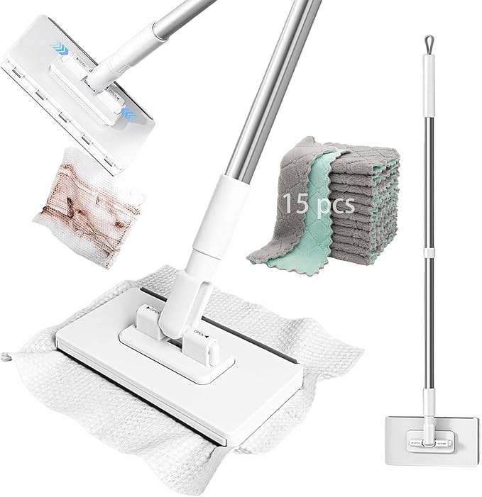 2026 Upgraded Snap Grip Mini Mop Zero Touch Mini Mops Cloth Changing MiniMop with Automatic Hands Free Push Pull Handle Retractable Disposable Dust Mops for Multi Cleaning (White+15*Cloth 39 in)