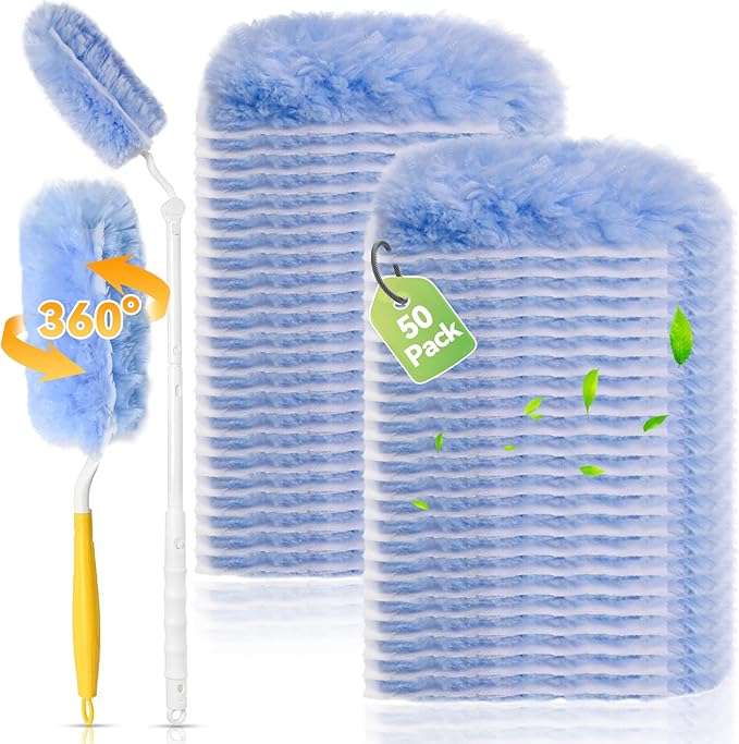 50 Pack 360° Dusters Refills Compatible with Swiffer Duster Handles Models Heavy Duty Double Sided Duster Refills with 1 Pack Extendable Longe Handle &amp 1 Short Handle