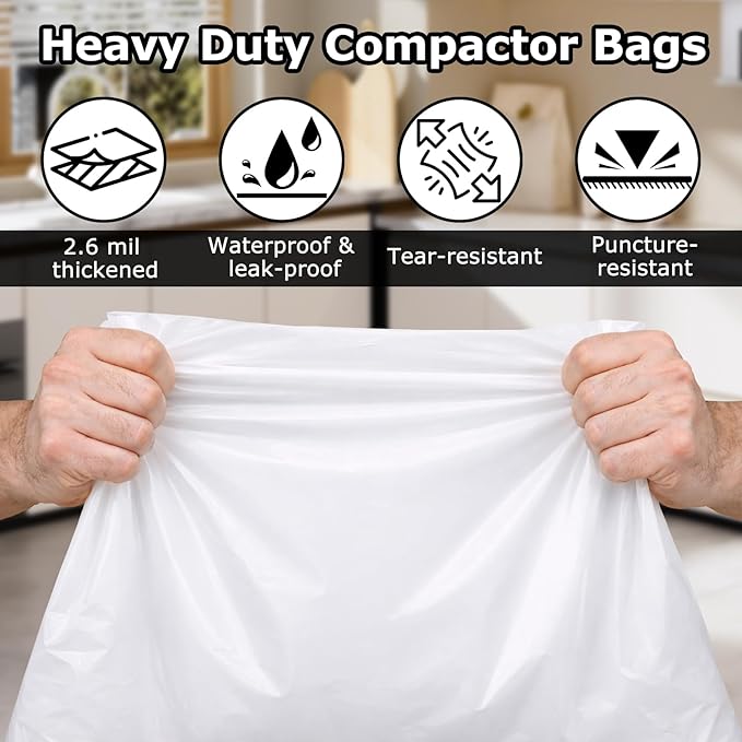 Heavy Duty Trash Compactor Bags for Kitchen Leak Proof 2.6 MIL Thickened Garbage Compactor Bags Compatible with Whirlpool Kenmore Jenn-Air 15 inch Rectangular Drawer Compactors - 30 pack