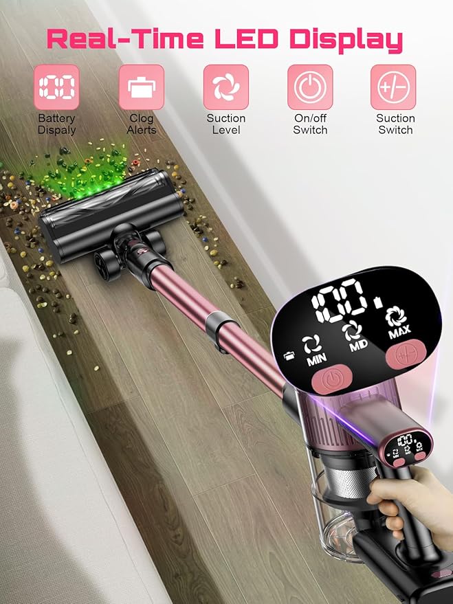 Cordless Vacuum Cleaner 10 in 1 Stick Vacuum with Powerful Suction Hose Green LED Light Anti-Tangle Brush Lightweight Rechargeable Vacuum Cleaner for Home Hardwood Floors Carpets Pet HairPink