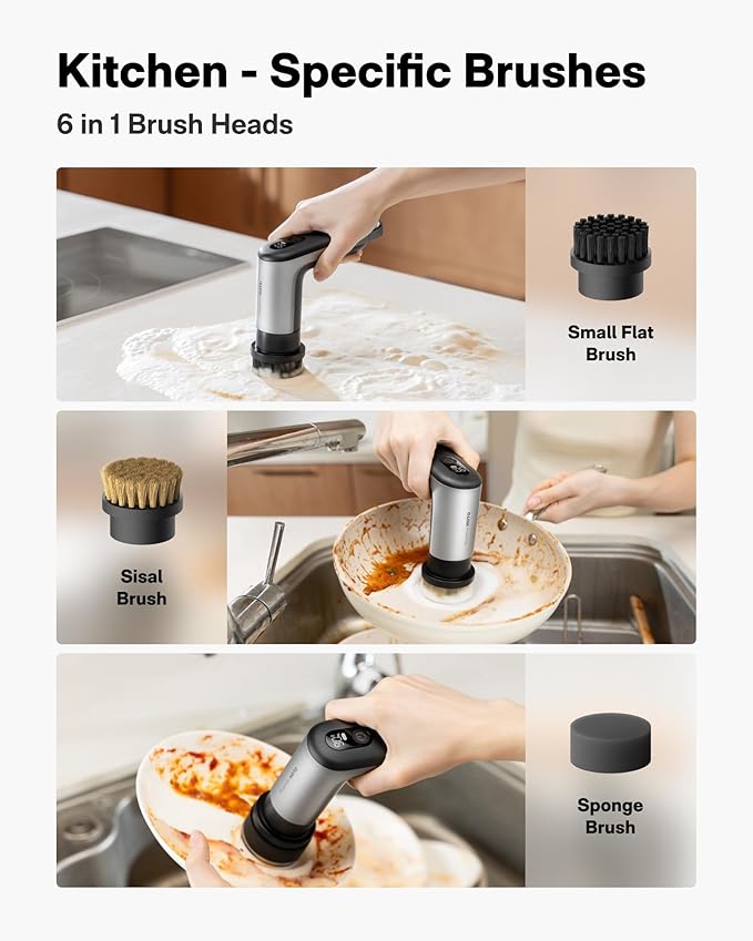 HOTO Grip™ Cordless Electric Spin Scrubber IPX7 Waterproof Lightweight at 0.65 lb with 6 Brush Heads Powerful Cleaning Scrubber for Bathroom Kitchen Tile Shower