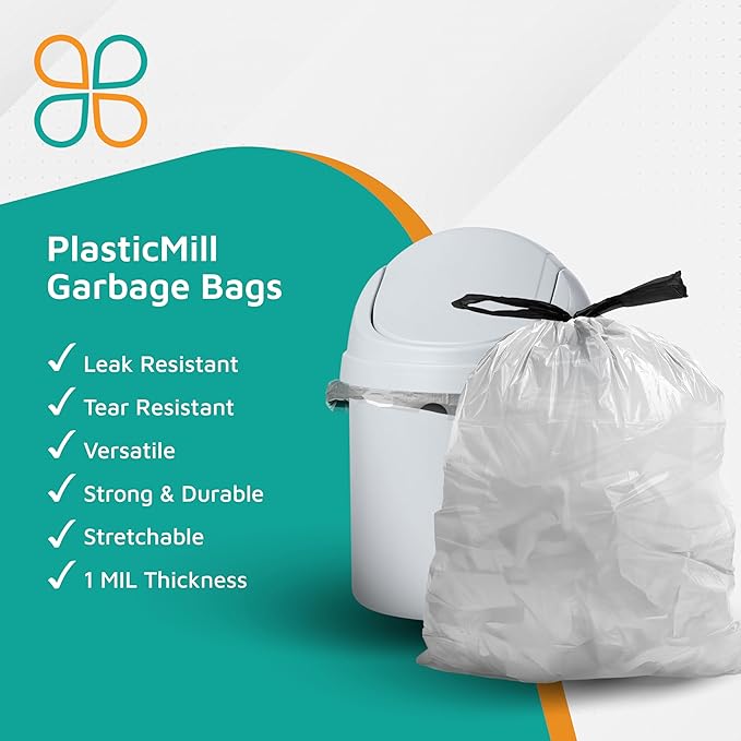 PlasticMill Drawstring Trash Bags - White Garbage Bags - Plastic Trash Bags - Kitchen Bathroom Office Garbage Bags Trash Can Liners - 5-Gallon Small Trash Bags 1 Mil 17x20 (200-Count)