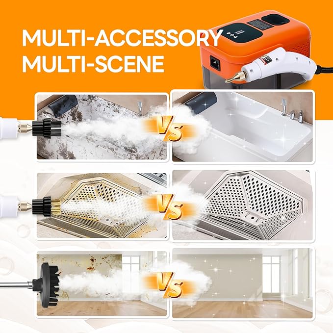Heavy Duty Handheld Steam Cleaner 15s Heat-Up 9-Level Adjustable 2500W Pressurized Steamer for Cleaning with 14 Accessories Multipurpose Portable Steam Cleanr for Home Car Grease Grout（Orange）