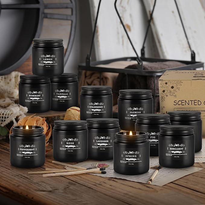 Scented Candle Set 12 PackBlack Candle for Home Scented Odor Eliminating Stress Relief Long Lasting Soy Wax Gift Set