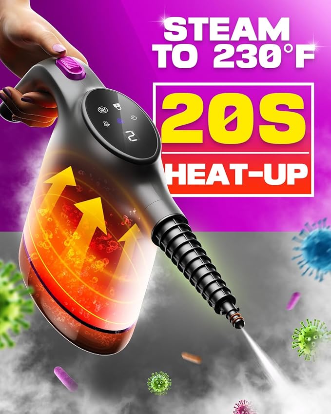 POPCHOSE Handheld Steam Cleaner for Home Portable Pressurized Steamer for Cleaning Grout Surfaces Bathroom Couch 20S Fast Heat Up 12 Accessories Steam Adjustable Safety Lock Graypurple