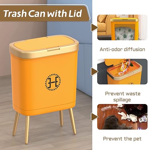 Procade Bedroom Trash Can with LidSlim Bathroom Trash Cans with Lids Dog Proof Trash Bin with Press Top LidModern Gold Trash Can Plastic Waste Basket for Living Room OfficeKitchen 4 Gal-Orange