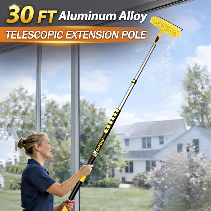 36FT High Reach Window Squeegee with Extension Pole 2-1 Window Washing Kit with 8-Stage Telescopic Pole &amp Rotatable Head No-Ladder Window Cleaner for High Window Solar Panel RV &amp Outdoor G