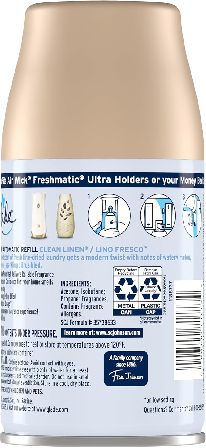 Glade Automatic Spray Refill and Holder Kit Air Freshener for Home and Bathroom Clean Linen 6.2 Oz 2 Count