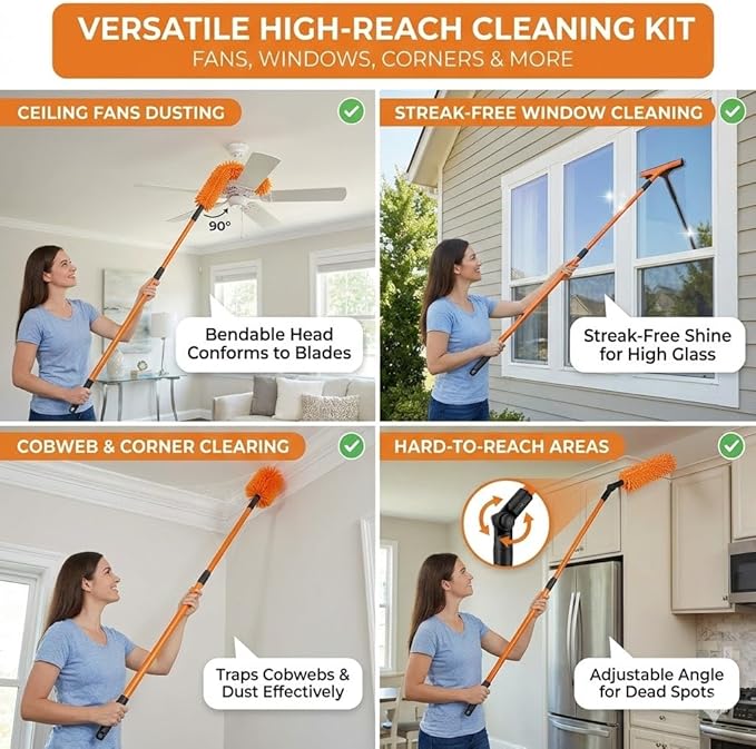 20FT Light Bulb Changer for High Ceilings 10PCS Extension Pole Kit with 360° Adjustable Bulb Grabber Ceiling Fan Duster &amp Window Cleaner No Ladder Needed