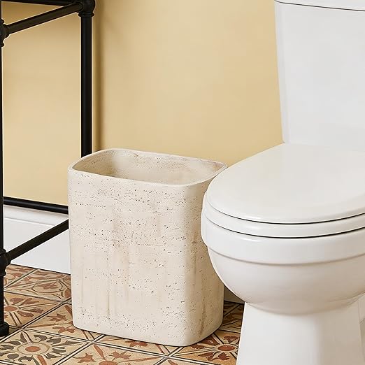 Polytree Natural Travertine Textures Bathroom Trash Can 1.8 Gallon(7 Liter) Small Kitchen Garbage CanLiving Room Bedroom Trash Can Decor Wastebasket for Home Office (Handmade of Resin)