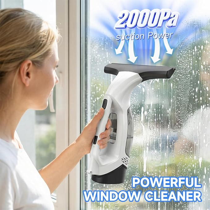 Window Vacuum Squeegee Cordless 2000Pa Electric Window Cleaner Tool with Extension Pole Window Cleaning Kit 11 Shower Squeegee for High Windows Shower Doors Tile &amp Car Windshield
