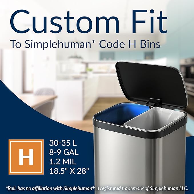Reli. SuperFit Code H (120 Count) | Compatible with Simplehuman Code H | Dispenser Pack Custom Fit Liners | Drawstring Trash Bags | 30-35 Liter / 8-9 Gallon | White