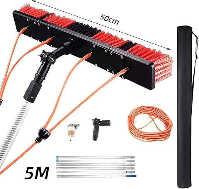Window Cleaning Pole Water-Fed Telescopic Brush Extendable Cleaning Conservatory Roof Cleaning Window Cleaner Kit for Photovoltaic Panel Cleaning Trucks(50cm Brush Head5M)