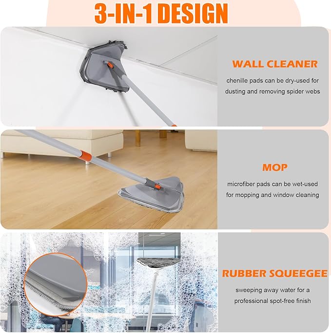 Wall Cleaner Mop with Long Handle 82 Inches 3-in-1 Ceiling Cleaning Tool Duster Adjustable Length with Replacement Microfiber Chenille Pads (4 Pads)