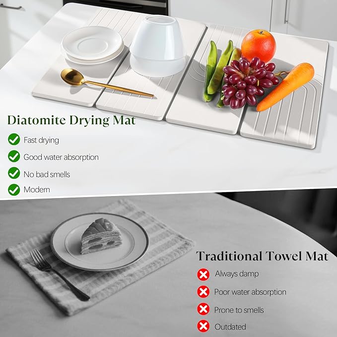 Large Stone Dish Drying Mat for Kitchen Counter Quick Dry Stone Dishes Mats 23.6(L)×15.4(W) Water Absorbing Diatomaceous Earth Drying Pad for Countertop Bottles Utensils Cups White