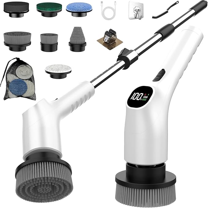 Electric Spin Scrubber Shower Scrubber with Long Handle Adjustable LCD Display 2 Speed Shower Cleaner 7 Replaceable Brush Heads Bathroom Cleaning Brush Bath Tub Power Scrubbers White G3