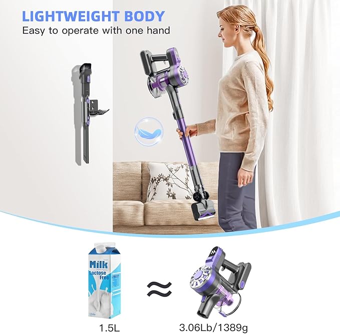 Cordless Vacuum Cleaner for Home Lightweight Stick Vacuum Cordless Rechargeable with Power Suction Up to 35 Mins Runtime Hardwood Floor Vacuum for Pet Hair Carpets Tile(Purple)