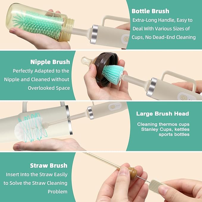 5 in 1 Electric Bottle Brush Cleaner Compatible Stanley Bottle Brush Straw Cleaner Multifunction Rechargeable IPX6 Waterproof Extra Long Design for Stanley Cup Sports Bottle and More (Beige)