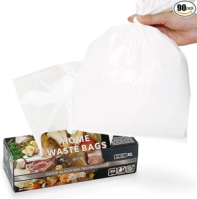 BOS Odor-Sealing Kitchen Home &amp Food Small Trash Bags for Waste- Disposable Bags - Scent &amp Smell Free (50 Bags) [Size XL Color White] (Pack of 1)