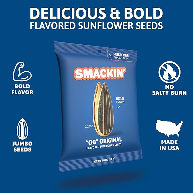 SMACKIN' - Jumbo Roasted Sunflower Seeds No Salty Burn American Made Easy Pour &amp Seal - Original 4oz bag (12 Bags)