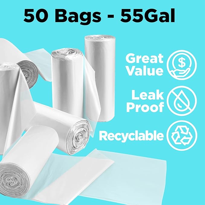 ToughBag 55-60 Gallon Contractor Trash Bags 2.5 Mil Heavy Duty Clear (50 Count) – Made in USA