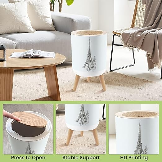 Bathroom Trash Can with Lid Floral Paris Famous Paris Landmark Eiffel Tower Travel France Graphic Garbage Bin Waste Basket for Kitchen Office Bedroom Decoration Diaper Pail 1.8 Gallon
