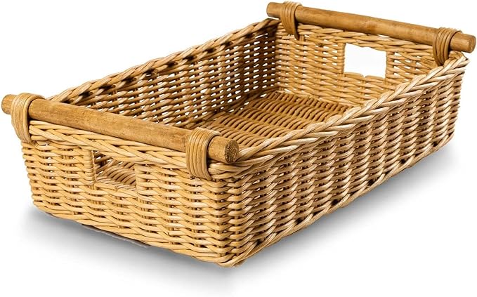 The Basket Lady Low Pole Handle Wicker Storage Basket Large 19.5 in L x 12.5 in W x 6 in H Sandstone