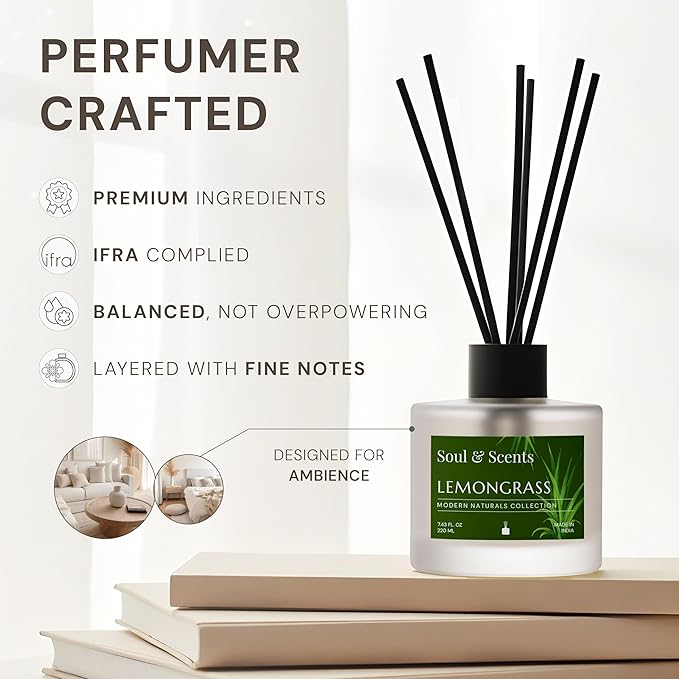 Soul &amp Scents Reed Diffuser Set – Lemongrass | 7.43 oz Refillable Scented Oil with 6 Fiber Sticks | Long-Lasting Home Fragrance &amp Air Freshener for Bedroom Bathroom Office | Gift &amp Décor