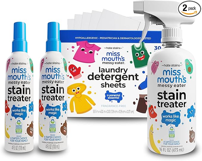 Miss Mouth's Messy Eater Stain Treater Spray - 16oz Stain Remover - 4oz 2 Pack - Laundry Detergent Sheets