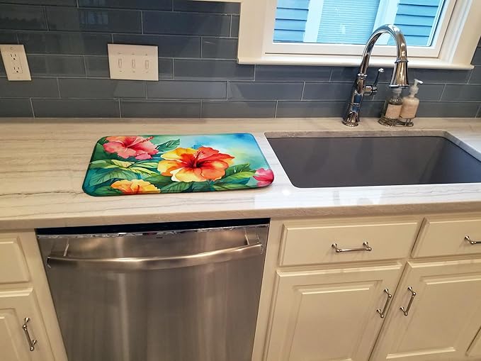 Caroline's Treasures DAC1641DDM Hawaii Hawaiian Hibiscus in Watercolor Dish Drying Mat Absorbent Dish Drying Mat Pad for Kitchen Counter Dish Drainer Mat for Countertop 14 x 21 Multicolor
