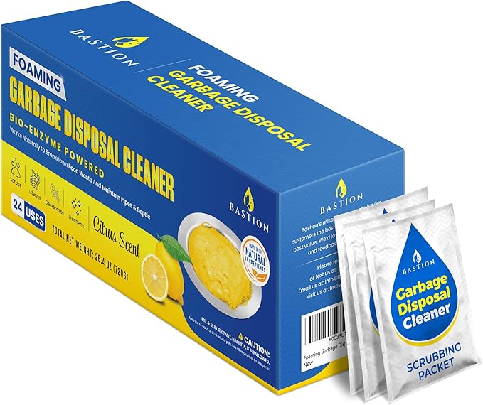 Bastion Garbage Disposal Cleaner and Deodorizer - 24-Count (1-Year Supply) Foaming Lemon Scented Kitchen Sink Freshener Pods &amp Drain Odor Eliminator Disposer Care