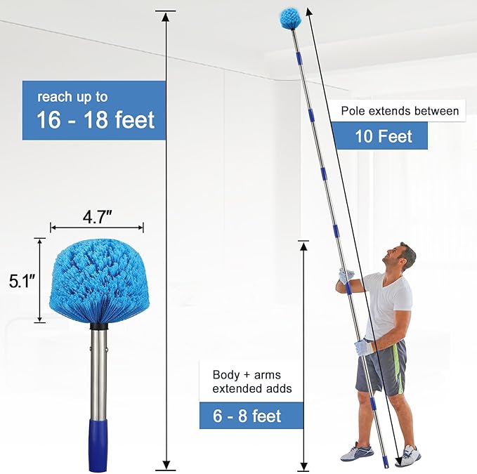 Cobweb Duster with Extension Pole 10 FT Long Duster for High Ceilings Walls Medium Stiff Bristles Cobweb Brush with Lightweight Stainless Steel Pole for Outdoor Indoor Cleaning
