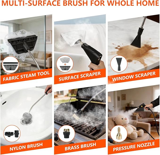 Steam Cleaner for Home &amp Car - 1800ML Water Tank 15s Heat-Up Portable Steamer for Cleaning 6 Level Handheld Steam Cleaner for Car Detailing with 17 Accessories for Furniture Grease Carpet Grou