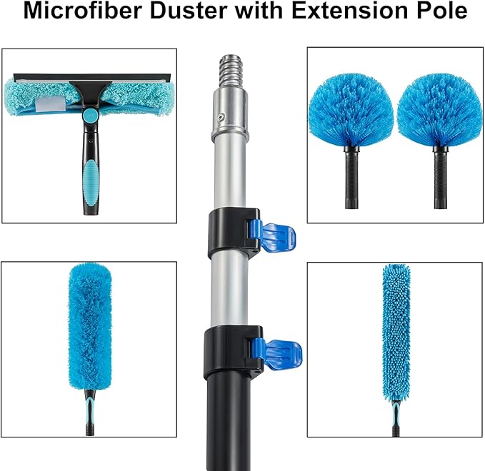 25 Foot High Ceiling Fan Duster with 6-18ft Extension Pole Extendable Reusable Cobweb Feather Window Cleaning Squeegee Kit
