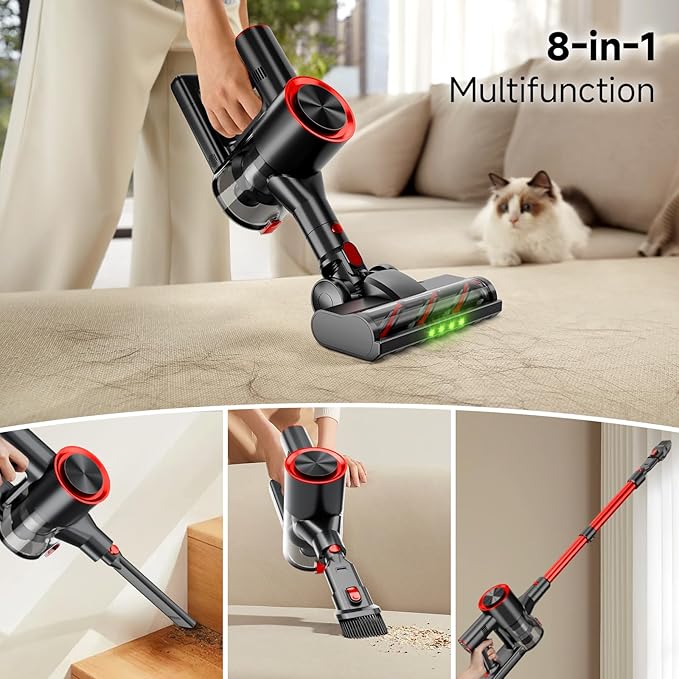 Cordless Stick Vacuum Cleaner 40Kpa Powerful Suction Vacuum Cleaner with LED Headlight Detachable Battery 8-in-1 Lightweight Handheld Vacuums for Pet Hair Carpet and Hardwood Floor Red