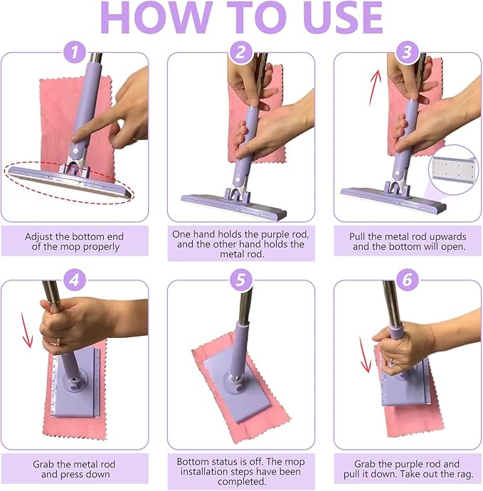 Snap Grip Mini MopZero Touch No Wash Lazy MopCompatible with Swiffer &amp Face Towels360 Degree Rotating Adjustable for Wet/Dry FloorsTileHardwoodCorners.(50 inches+Cloth *10).
